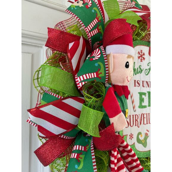 Elf Surveillance Christmas Wreath | Fun Elf Holiday Door Hanger Fireplace Decor - Picture 6 of 9